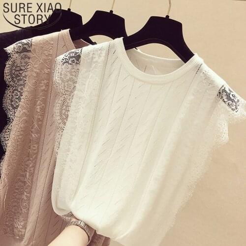 2021 Korean Summer Women Mesh Shirt Sleeveless O-Neck Lace Knitted Patchwork Tops Chic Solid Hollow Out Clothes Fashion Blusas