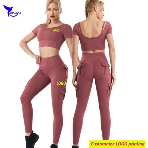2021 Women 2 Pcs Quick Dry Stretch Running Set with Build In Bra Crop Top+Leggings Gym Fitness Yoga Sport Suit Sportswear Custom