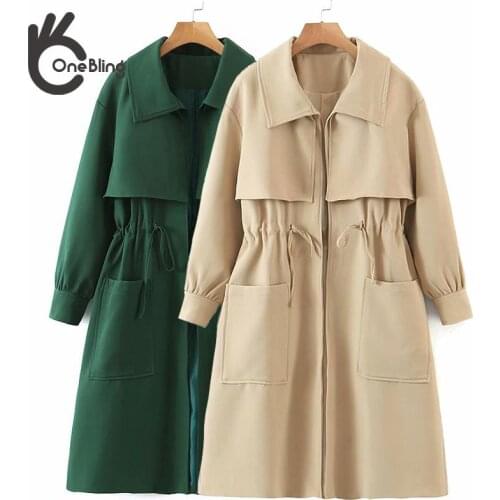 OneBling Za Autumn Blended Woman Casual Trench Coat Patch Pockets Drawcord Waist Open Front Loose Jacket Female Green Khaki 2021