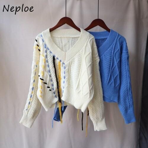 2021 Autumn Winter New Fashion Sweaters Women V-neck Drawstring Design Sense Tops Femme Loose Student Knit Pullovers