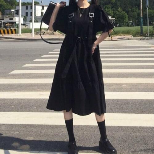 Dresses Women Crew Neck Black Summer Strap Midi Dress Ladies Harajuku Streetwear Loose Lace Up Cool Popular Elegant Clothes Ins