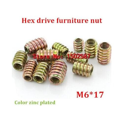 100pcs/lot M6*17 Color Zinc Coated Pass-Through Furniture Nut Internal External Thread Screw For Wood Insert Nut