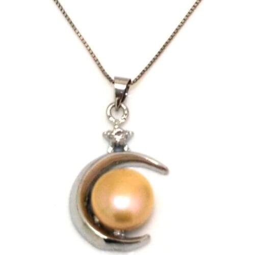 18 inches 10-11mm Natural Pink Button Pearl Moon Style Sterling Slver Pendent Necklace