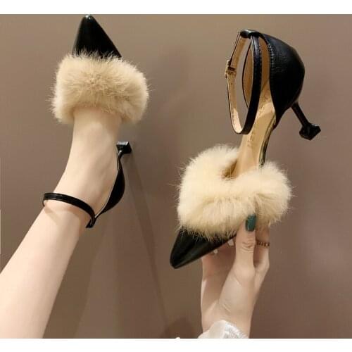 2020 New Woman High Heels Ladies Shoes Fashion High Heels Thin Heels Sexy Fluffy Plush Stiletto Pointed Toe Women Shoes W32-43