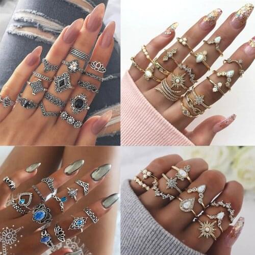 2020 New Boho Vintage Gold Star Knuckle Rings For Women Crystal Star Crescent Geometric Female Finger Rings Set Jewelry 014