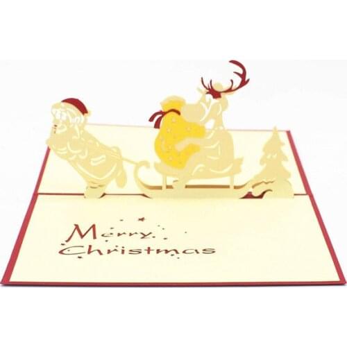 3D Laser Cut Handmade Cartoon Christmas Pull Sled Santa Claus Paper Invitation Greeting Card PostCard Kids Creative Gift