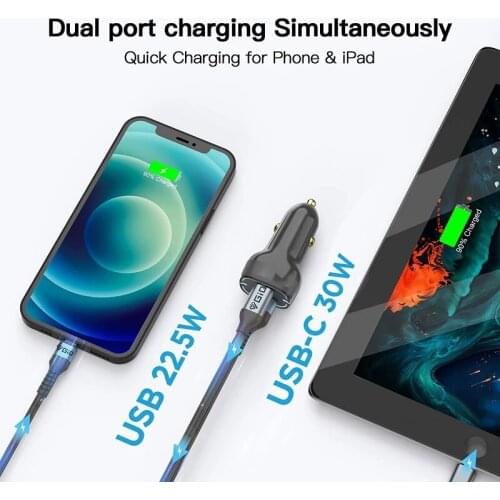 Fast Car Charger Adapter QC3.0 USB A + USB C 2-Port Type C for iPhone 12 Pro Max iPad Macbook Pro Samsung Xiaomi Huawei Redmi