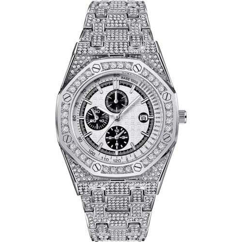 Relogio Masculino Ouro Men Luxury Brand Diamond Gold Hip Hop Date Quartz Watches Erkek Dourado Saat Montres de Marque de Luxe