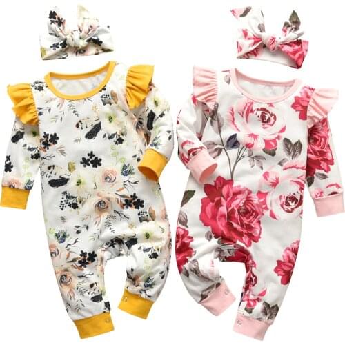Floral Newborn Baby Girl Clothes Set New Ruffle Sleeve Infant Rompers Baby Jumpsuit+Headband Autumn Toddler Baby Fall Outfit Set