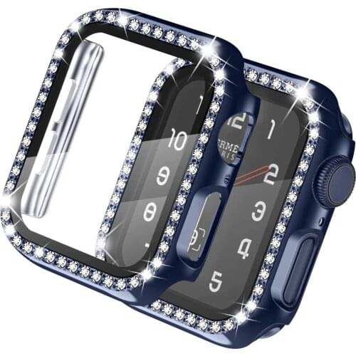 For apple watch 6 5 4 3 se case 40mm 44mm 38mm 42mm Bling Crystal Diamonds PC Bumper HD Tempered Glass Screen Protector cases