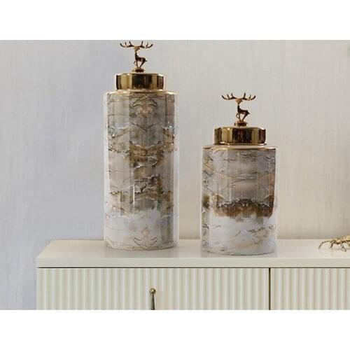 European ceramic decorative jar with lid luxury marbled living room decoration accessories vase indoor classical furnishings