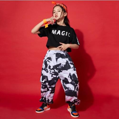 New Hip Hop Girls' Clothing Black Tops Tie Dyed Pants Kids Jazz Dancer Street Dance Costume Practice Wear Rave Clothes BL5970