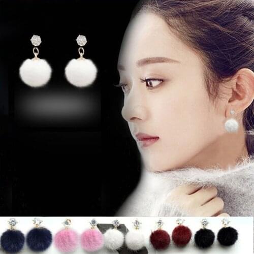 Korea Style Gold Color Faux Rabbit Fur Ball Rhinestone Clip on Earrings Non Piercing for Women Party Cute Jewelry Gift 10 Colors