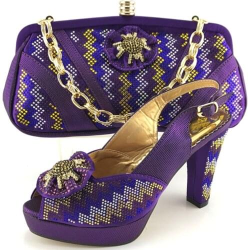 Purple Matching Women Shoe and Bags Set Decorated with Rhinestone African Shoe and Bag Set for Party Women in Italy Shoes ME6611