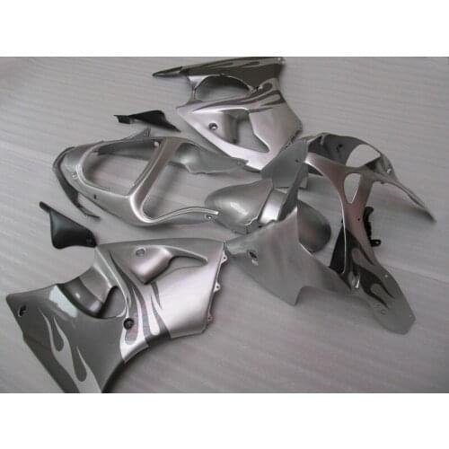 Plastic fairings set for Kawasaki injection mold Fairing kit ZX 6R 2000 2001 2002 black flames in silver ZX6R 00 01 02 AA45