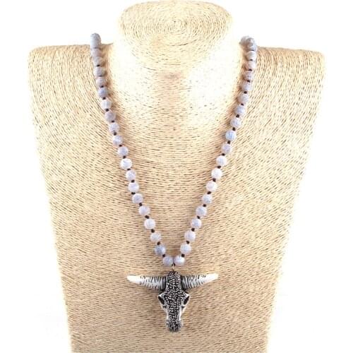 Fashion Natural Semi Precious Weathered Granite Stones with Bull Head charm Pendant Handmade Necklace Women Jewelry