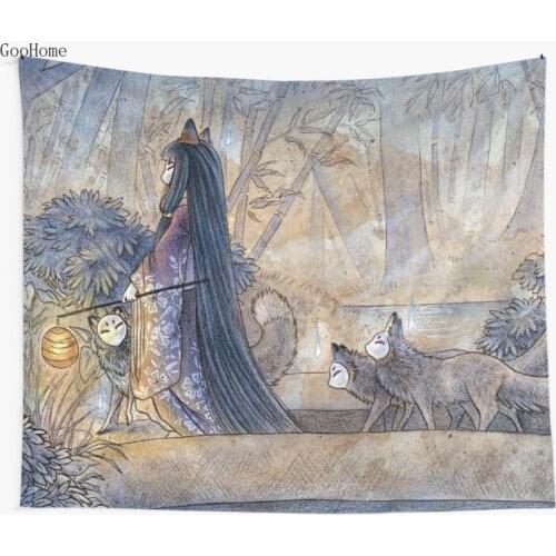 Silent Crossing - Kitsune Fox Yokai Wall Tapestry Cover Beach Towel Throw Blanket Picnic Yoga Mat Home Decoration