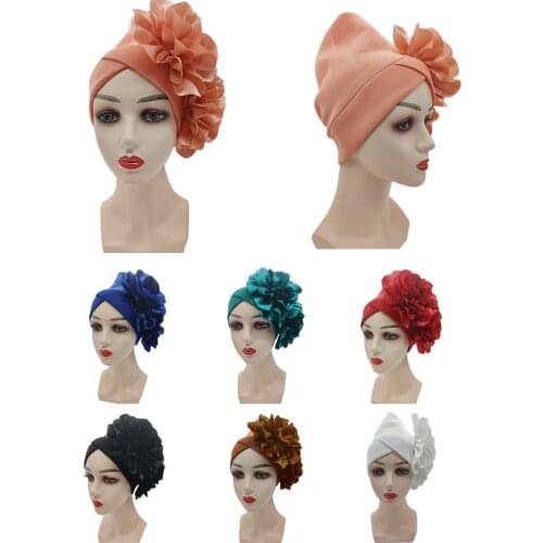 New Fashion Unique Muslim Hijab Dubai Turban Hat with Flower Women Ready Cap Headwear Casual India Bonnet Hat African Head Wrap