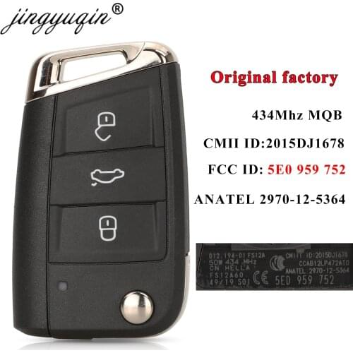 Jingyuqin Original Factory MQB Car Key For Skoda Octavia 2014-2017 5E0959752 434Mhz 3 Buttons Flip Remote O-E-M Key Hu66 Hu162t