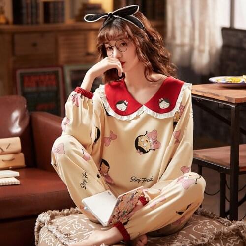 Pink Cute Cartoon Pajamas For Women Autumn Cotton Pajamas Kawaii Doll collar Casual Soft Women Homewear Sleepwear
