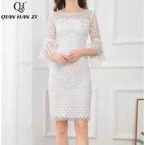 Qian Han Zi designer high-end custom summer fashion dress Women flared sleeves mesh embroidery Elegant white slim bodycon dress