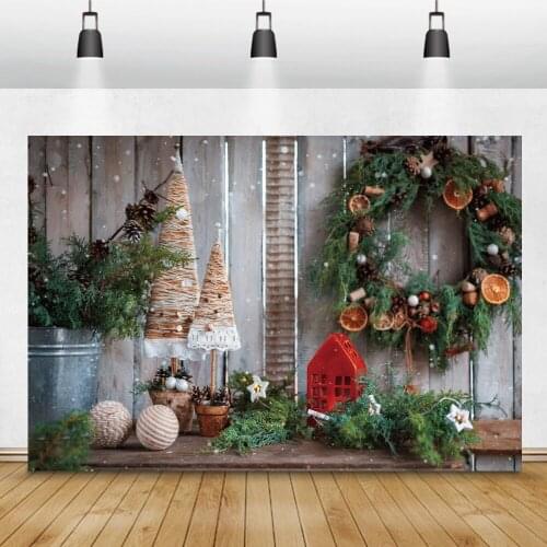 Merry Christmas Wreath Wooden Boards Background Pine Leaves Baby Newborn Portrait Photography Backdrop Photocall Photo Studio