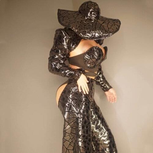 Nightclub Modern Women Singer Model Black Laser Sequins Split Long Straight Flared Pants Stage Performance Reflective Costume