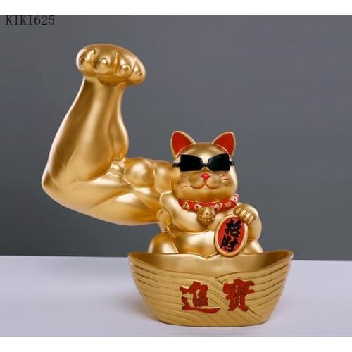 Modern Golden Lucky Cat Storage Box Cartoon Animal Sculpture Statuette Giant Arm Vigorously Muscle Cat Birthday Gift Home Decor