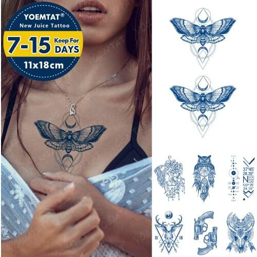Juice Lasting Ink Tattoos Body Art Waterproof Temporary Tattoo Sticker Moth Moon Owl Tatoo Arm Fake Moth Lion Gun Tatto Womeno