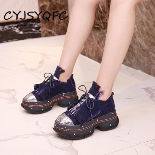 CYJSYQFC Fashion Tassel Lace Casual Flat Platform Sneakers Splicing Shallow Mouth Rivet Sponge Cake Thick Bottom Lady Daddy Shoe