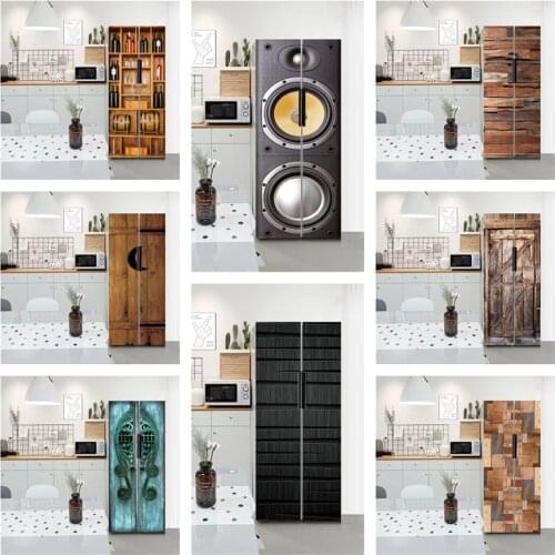 Vintage Wooden Door Refrigerator Sticker Kitchen Room Decoration Piano Ink Painting Art Poster Fridge Decorative Wrap Removable