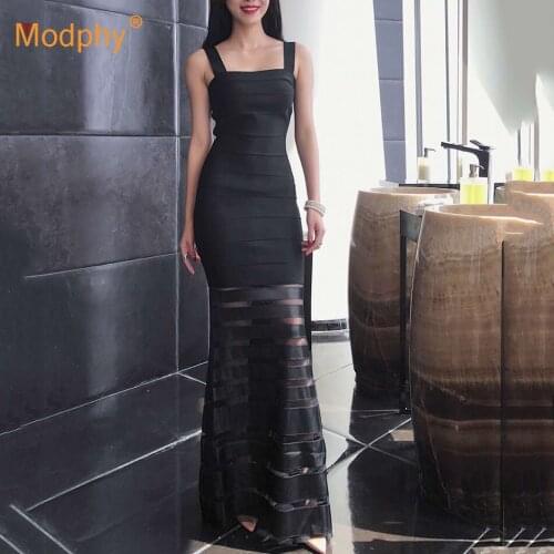 High-quality elegant floor long dress Black sleeveless striped Bodycon Women Evening party runway Vestidos 2020 fashion new
