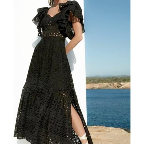 2021 New arrive women summer ruffles black/white long cotton dress