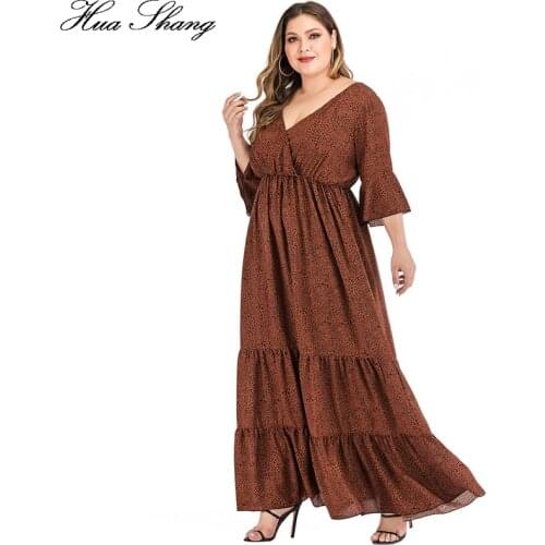 5XL 6XL Plus Size Dress Women Summer V Neck Flare Sleeve Leopard Print Boho Beach Dress Ruffles High Waist Maxi Long Dresses