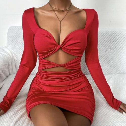 Women Fashion Ruched Mini Vestidos Solid Twist Deep V Neck Casual Party Clothes Female Sexy Party Bandage Bodycon Dress Fall