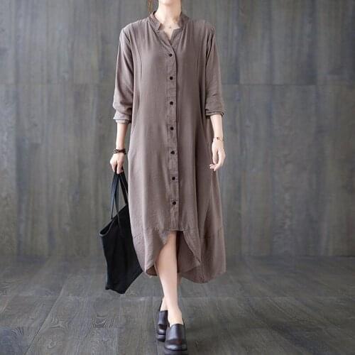 2021 New Autumn Long Sleeve Solid Color Shirt Dress Female Vintage Casual Oversize Long Dress Woman Plus Size Cotton Linen Dress