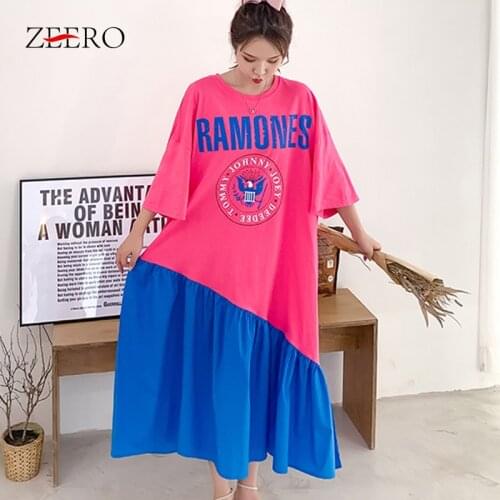Female Korean Casual Print Irregular Splicing Color Loose Dresses for Women Summer Raglan Sleeves Midi Dress Vestido De Mujer