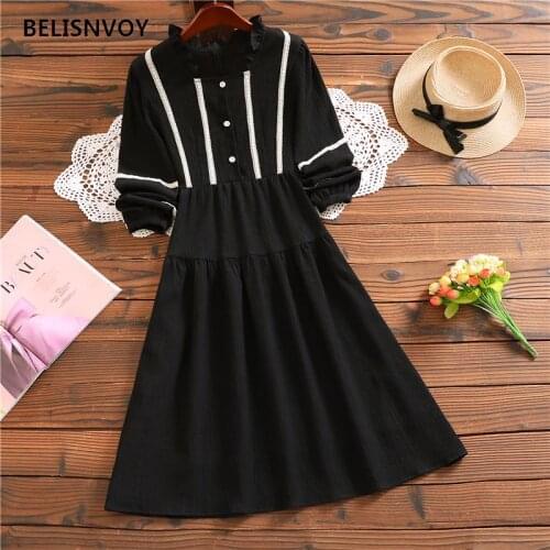 Mori Girl Autumn Spring Women Dress 2021 Arrival Ruffled Lace Patchwork Black Loose Dress Puff Sleeve Elegant Pleated Vestidos