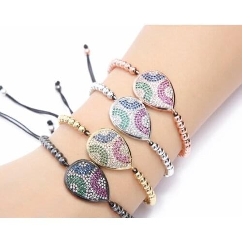 Gold silver micro pave cz Cubic Zirconia rope adjusted Copper Beads Bracelet sxt4 leaf Charm Braided Bangles Women