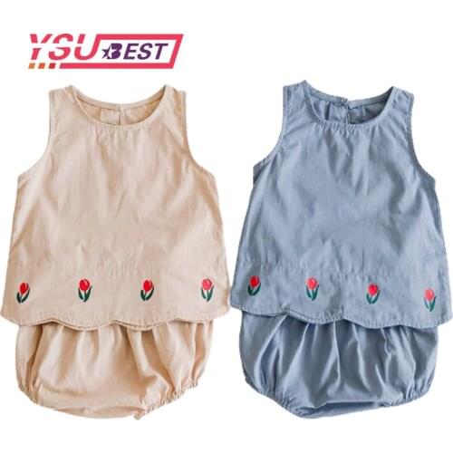 2020 Summer Newborn Baby Set Printted Waistcoat Top Solid Color Bread Pants Cute Cool Cotton Suit Baby Girl Clothes Twins Suit