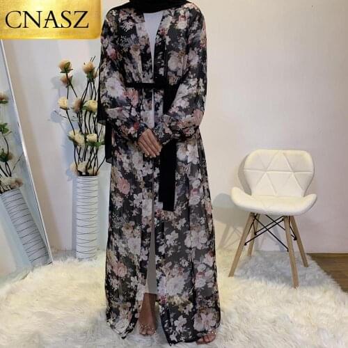2020 New Beautiful Floral Print Black Chiffon Front Open Turkish Muslim Dresses Abaya Kaftan Dubai Islamic Middle East Cardigan