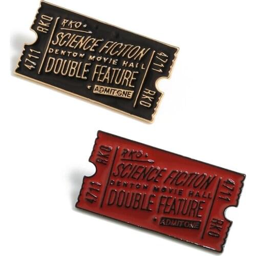 RKO Horror Movie Ticket Brooch Black Red Science Fiction DOUBLE FEATURE Admission Ticket Enamel Pin Leather Cap Badge For Friend