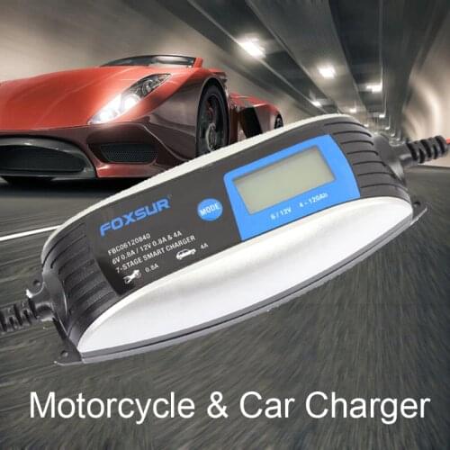 FOXSUR 6V 12V UPS Motorcycle Scooter Car Battery Charger 7-stage Smart Lead Acid Battery Charger, Automatic cut off Maintainer