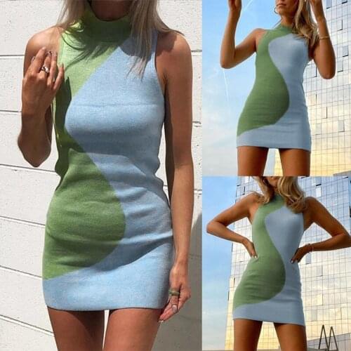 Hot kf-Knit Bodycon Dress Women Sleeveless Summer Beach Turtleneck Print Patchwork Sexy Party Mini Dresses Holiday