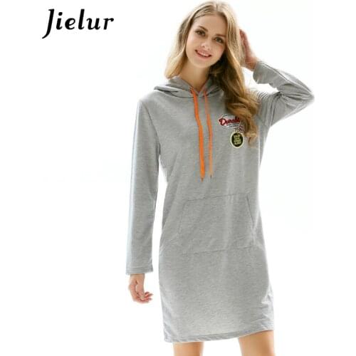 Jielur Europe Ladies Spring Autumn Dress Female Fashion Hooded Pocket Hoody Long Sleeve Plus Size XL-5XL Casual Women Dresses