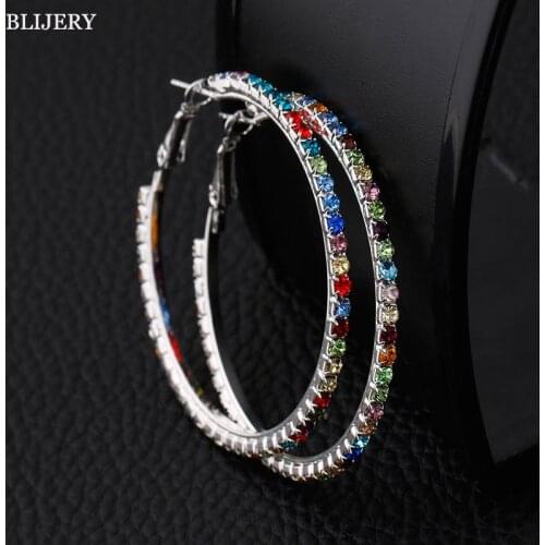 BLIJERY Elegant Wedding Jewelry Accessories Multicolor Rhinestones Crystal Round Hoop Earrings for Women Prom Gifts