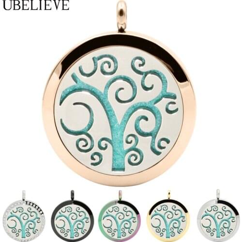 Tree Magnetic 30mm Stainless Steel Aromatherapy Essential Oil Diffusing Locket Pendant Round Perfume Locket Necklace
