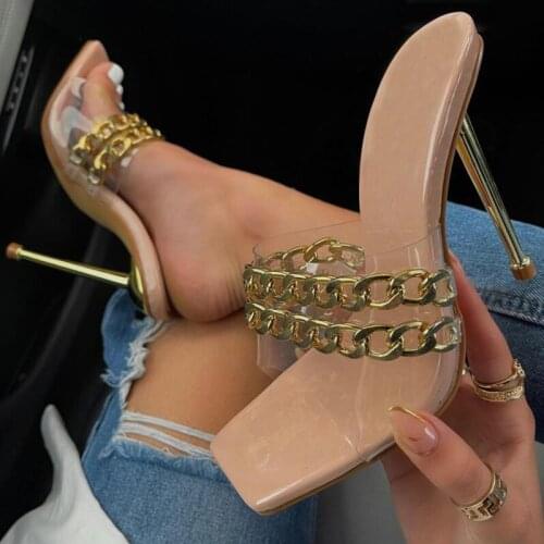 New Women Luxury Design Slides Outside Slippers Summers 11.5cm High Heels Sandals Lady Gold Metal Chain Mules Quality Shoes