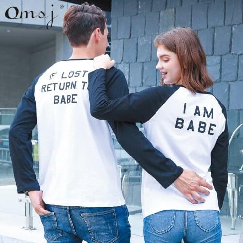 OMSJ 2019 New Autumn Funny Matching Couple T Shirts His and Hers Long Sleeve Patchwork Letter Printed Pullover Outfits Clothes