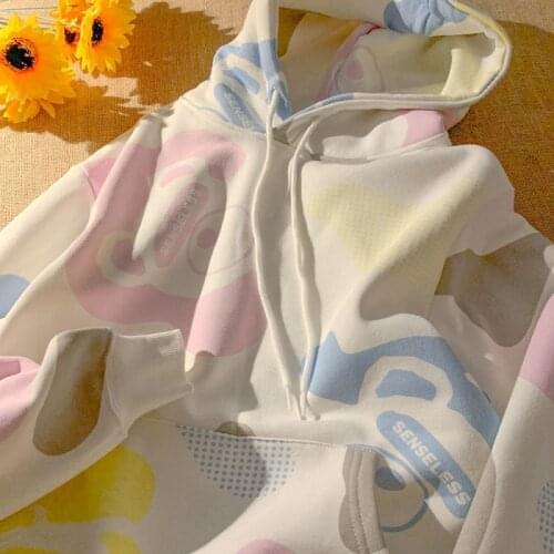 Autumn Korean style hoodie female Harajuku preppy style sweet casual color printing kawaii pullover loose long sleeve outerwear